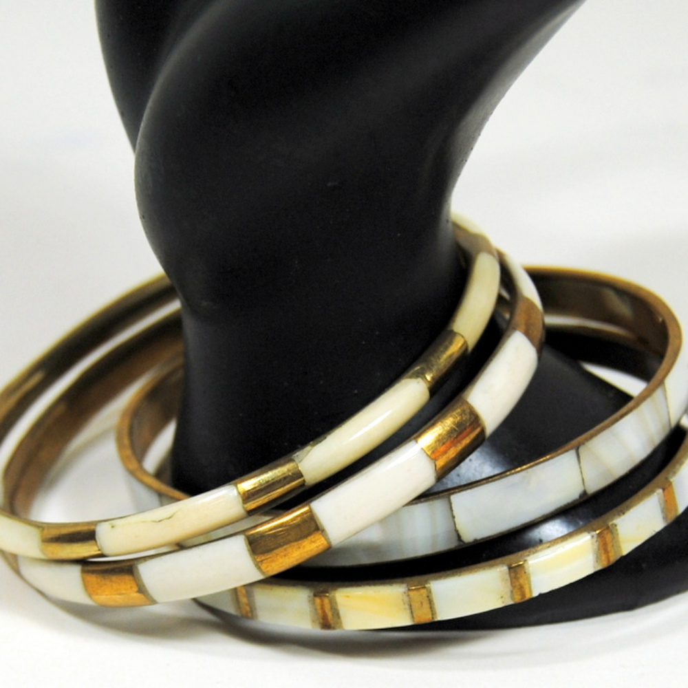 Bangles Mother of Pearl Goldtone Banded Boho
